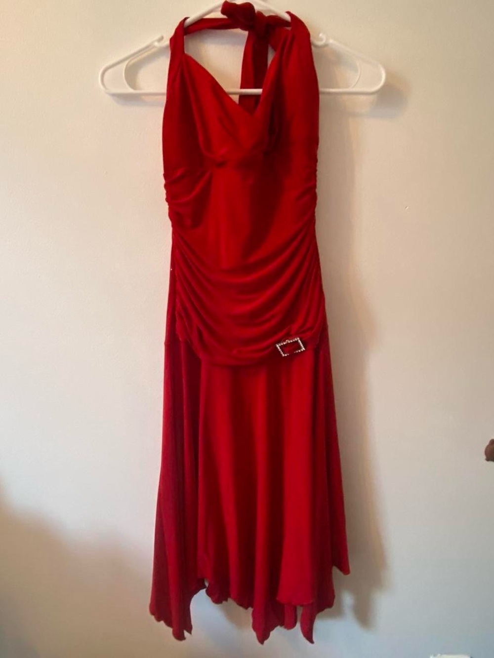 City Triangles Red Halter Ruched Evening Dress with Buckle Accent